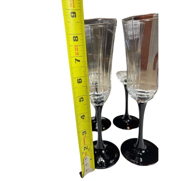 Vtg 4 Luminarc Octime Octagon Wine Champagne Flutes Glass Black Stem France Made - Picture 9 of 9